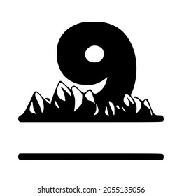 Número 9 y monograma personalizado de montaña. Logo vectorial, emblemas o diseño inicial.