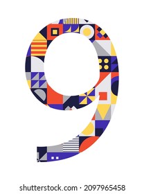 Número 9 de formas geométricas multicolores aisladas en blanco. Neo geo