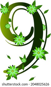 Number 9 natural style. Number 9 green decorated with flowers and bright green leaves. natural logo number 9