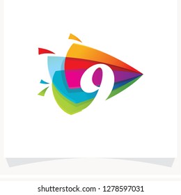 Number 9 Negative space design. Number 9 logo at colorful multicolor triangle play background