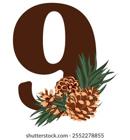 number 9 with new year design, namely different pine cones and pine branches for christmas and new year designs