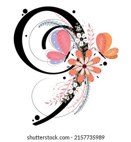 Number 9 (NINE) birthday celebration anniversary. 9 NUMBER with flowers, butterfly and leaves. Decoration floral Illustration numbers NINE ornaments
