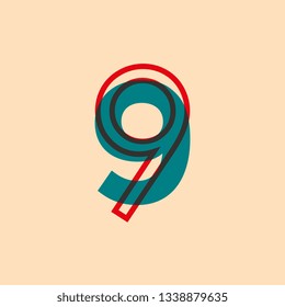 number 9 nine in blue and red color with retro style