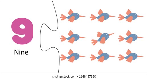 Number 9 and nine cute birds. Puzzle game for preschoolers, children. Learning numbers, initial arithmetic. Connect two parts