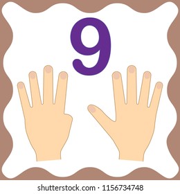 Number 9 (nine), educational card, learning counting with fingers of hand, mathematics. Vector illustration.