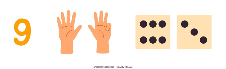 Number 9 with nine fingers and combination of dice for number learning
