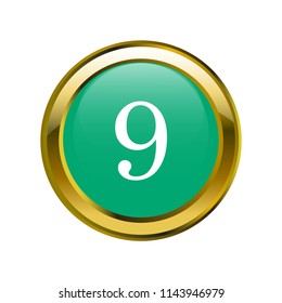 number 9 (nine) golden color pin on metal with turquoise blue volumetric effect on vector