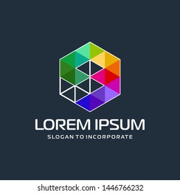 Number 9 nine and hexagon logo design, with colorful triangle pixel , technology digital concept - Vector