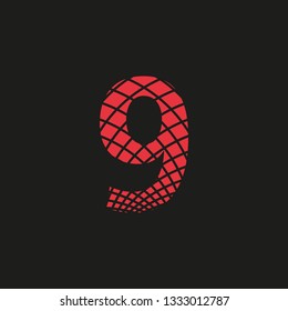 number 9 (nine) icon with mesh look in red color with black background retro editable vector