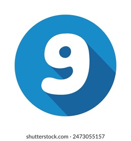 Number 9 nine icon vector illustration, flat design icon with long shadow, blue circle icon design
