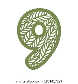 Number 9 (nine) with leaf pattern. Spring or summer font with floral ornaments. Decorative element for eco sign, logo, icon. Green digit on a white background. Flat style. Vector illustration.