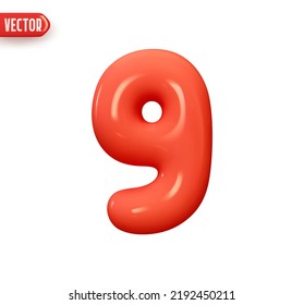 Number 9. Nine Number sign red color. Realistic 3d design in cartoon balloon style. Isolated on white background. vector illustration