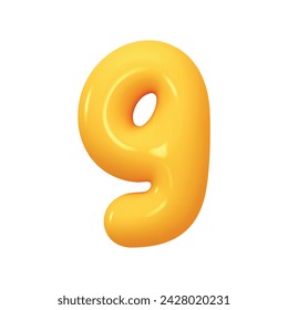 Number 9. Nine Number sign yellow color. Realistic 3d design in cartoon balloon style. Isolated on white background. vector illustration