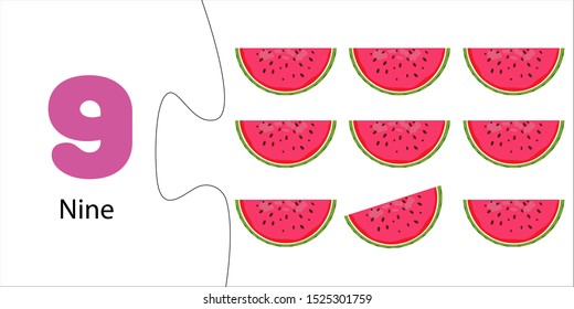 Number 9 and nine slices of watermelon. Fruit count for kids. Math for preschoolers. Educational flash card. Puzzle game