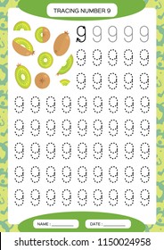 Number 9. Nine. Tracing Worksheet for kids. Watermelon. Preschool worksheet, practicing motor skills - tracing dashed lines. A4 green .