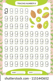 Number 9. Nine. Tracing Worksheet for kids. Watermelon for kids. . Preschool worksheet, practicing motor skills - tracing dashed lines. A4 green grid. Vector