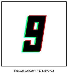 Number 9, nine vector desing logo.Dynamic, split-color, shadow of  number red, green, blue in black frame on white background.For social media,design elements, anniversary celebration greeting