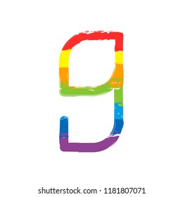 Number 9, numeral, ninth. Drawing sign with LGBT style, seven colors of rainbow (red, orange, yellow, green, blue, indigo, violet