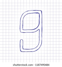 Number 9, numeral, ninth. Hand drawn picture on paper sheet. Blue ink, outline sketch style. Doodle on checkered background