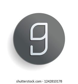 Number 9, numeral, ninth. White paper symbol on gray round button or badge with shadow