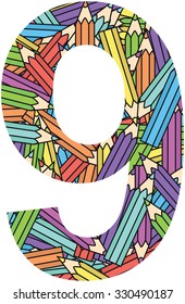 number 9 on color crayons background 
