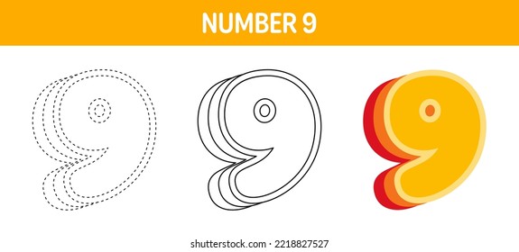 Number 9 Orange, tracing and coloring worksheet for kids