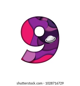 Number 9 in paper cut style. Realistic cosmic papercut design of digital symbol on white background. Colorful multi layers 3D effect. Font element for festive or greeting card. Vector illustration.