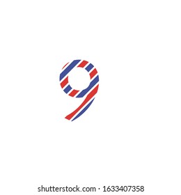 number 9 with patterned lines in red and blue postal letter style