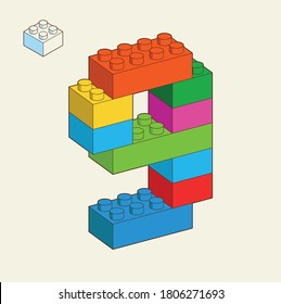Number 9 from Plastic building blocks. Colored bricks isolated on white background. Vector 3d illustration.