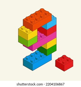 Number 9 from Plastic building blocks. Colored bricks isolated on white background. Vector 3d illustration.