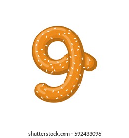 Number 9 pretzel. snack font nine symbol. Food alphabet sign. Traditional German meal is ABC. Bake numeric
