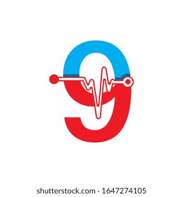 Number 9 with Pulse Logo Vector Element Symbol Template