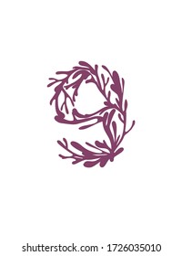 Number 9 purple colored seaweeds underwater ocean plant sea coral elements flat vector illustration on white background