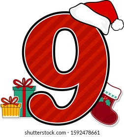 number 9 with red santa's hat and christmas design elements isolated on white background. can be used for holiday season card, nursery decoration or christmas paty invitation