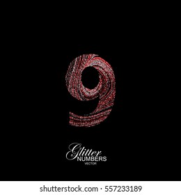 Number 9 of red and silver glitters. Typographic vector element for design. Part of curly textured alphabet with shiny paillettes. Digit nine with diffusion glitter swirly pattern. Vector illustration
