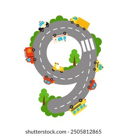 Número 9. Números de carretera. Juego de niños. Aprendiendo números. Ilustración vectorial.