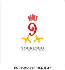 Number 9  With Rooster or Cock Icon Logo. Chicken vector illustration