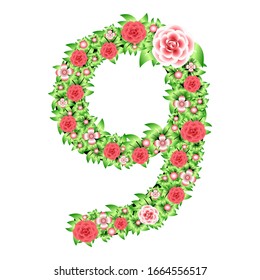 Number 9 with roses and leaves on a white isolated background