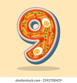 The number 9 is in the shape of a Tteokbokki Korean food