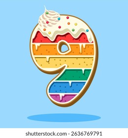 The number 9 shaped rainbow cake