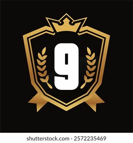 Number 9 Shield Logo with Golden Crown, Laurel Wreaths, and Black Background Premium Award Design Concept