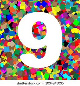 Number 9 sign design template element. Vector. White icon on colorful background with seamless pattern from squares.