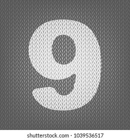 Number 9 sign design template element. Vector. White knitted icon on gray knitted background. Isolated.