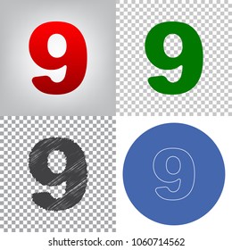 Number 9 sign design template element. Vector. 4 styles. Red gradient in radial lighted background, green flat and gray scribble icons on transparent and linear one in blue circle.
