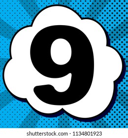 Number 9 sign design template element. Vector. Black icon in bubble on blue pop-art background with rays.
