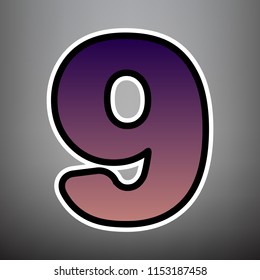 Number 9 sign design template element. Vector. Violet gradient icon with black and white linear edges at gray background.