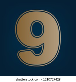 Number 9 sign design template element. Vector. Golden icon and border at dark cyan background.
