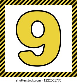 Number 9 sign design template element. Vector. Warm yellow icon with black contour in frame named as under construction at white background. Isolated.