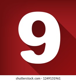 Number 9 sign design template element. Vector. White icon with limitless shadow at ruby red background.