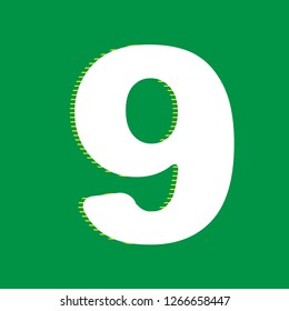 Number 9 sign design template element. Vector. White flat icon with yellow striped shadow at green background.